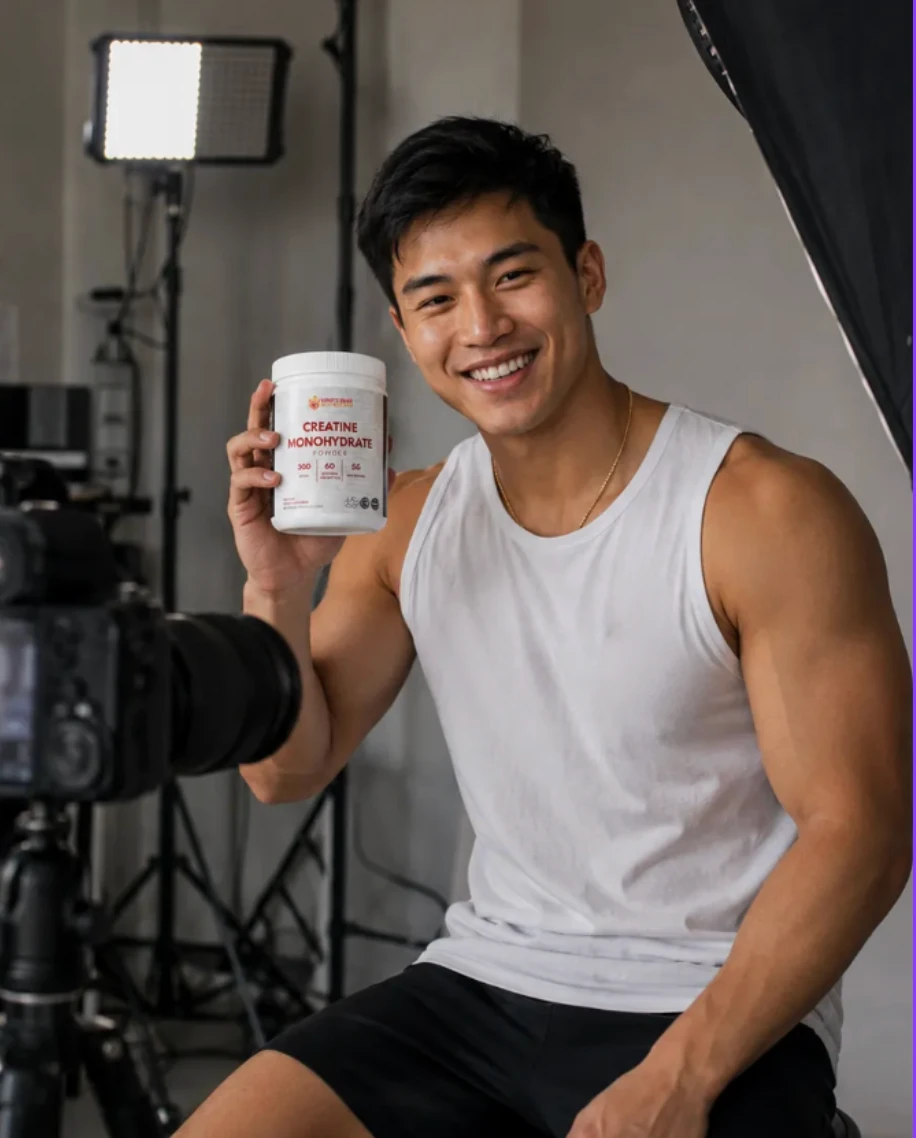 A creator holding King's Edge Creatine Monohydrate Powder in front of a camera in a studio